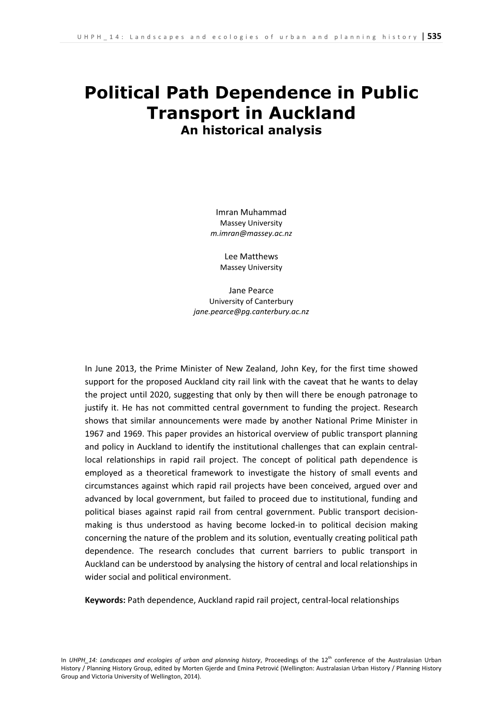 Political Path Dependence in Public Transport in Auckland an Historical Analysis