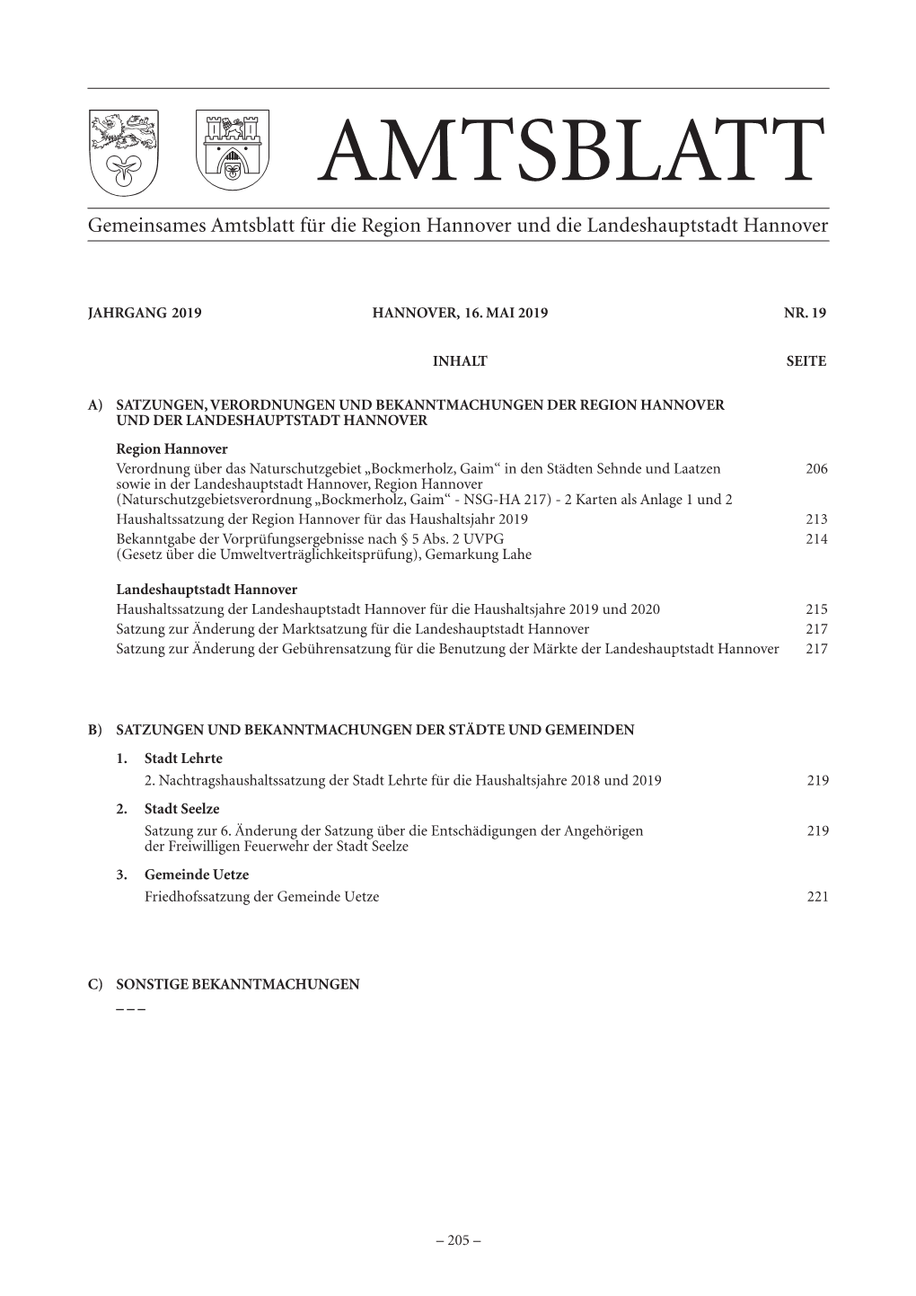 AMTSBLATT Gemeinsames Amtsblatt Für Die Region Hannover Und Die Landeshauptstadt Hannover