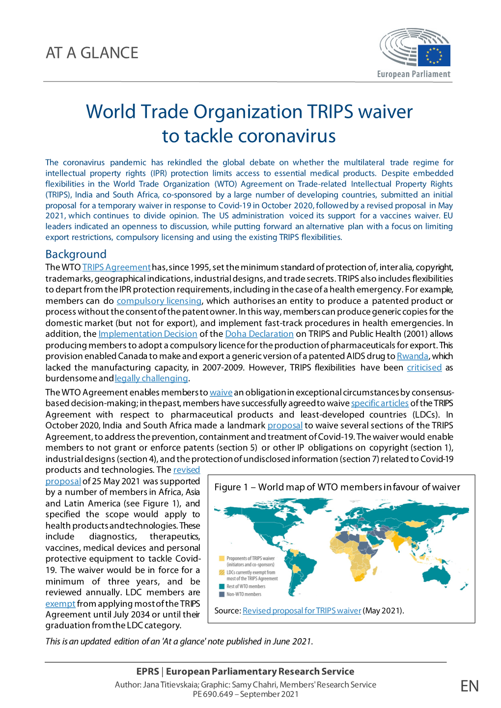 World Trade Organization TRIPS Waiver to Tackle Coronavirus