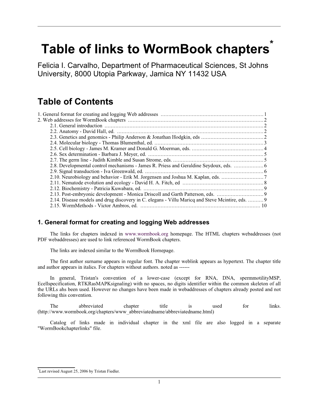 Table of Links to Wormbook Chapters* Felicia I