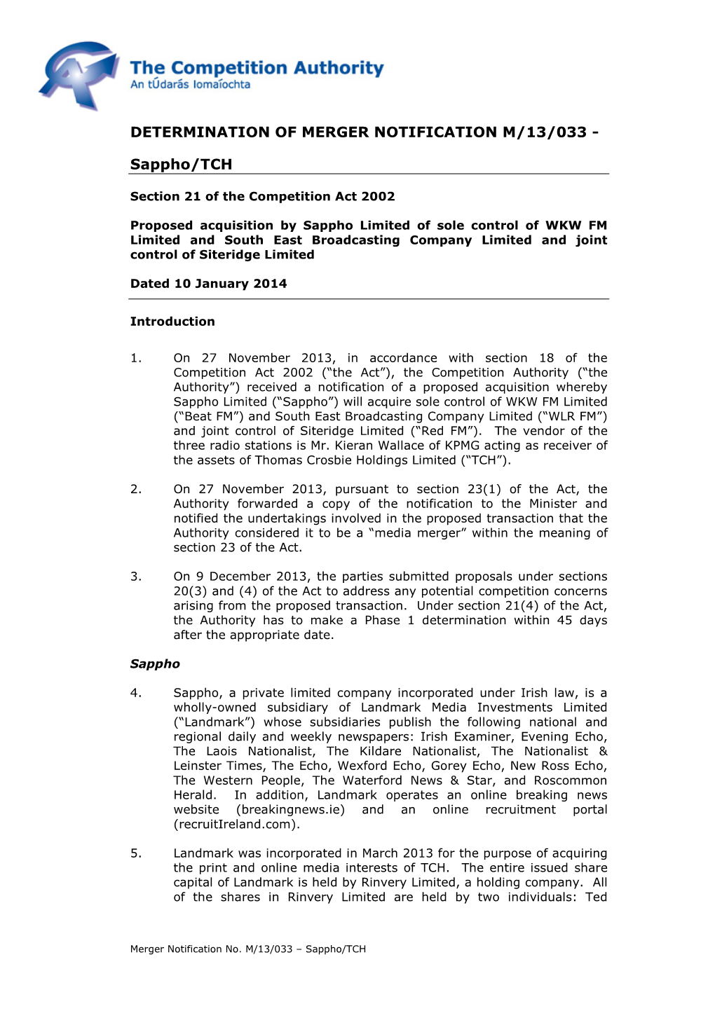 Determination of Merger Notification M/13/033