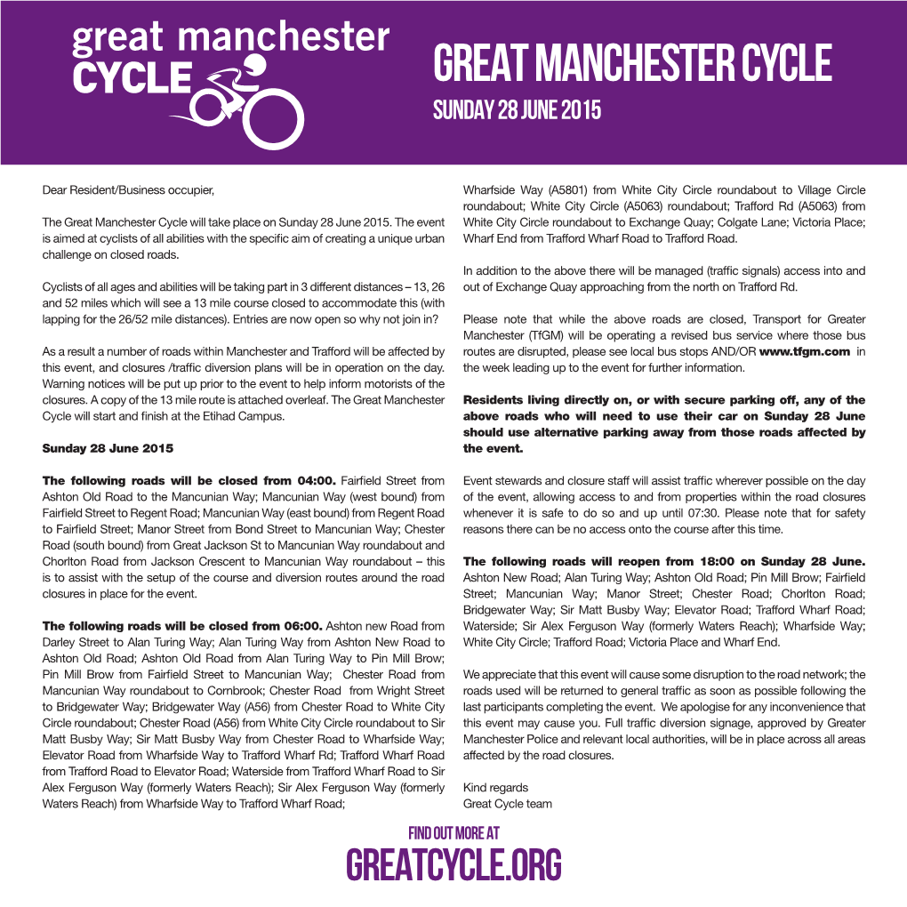 Great Manchester Cycle Sunday 28 June 2015