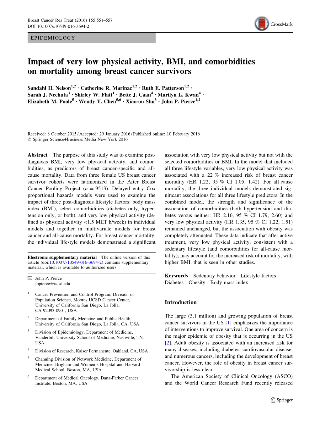 Impact of Very Low Physical Activity, BMI, and Comorbidities on Mortality Among Breast Cancer Survivors