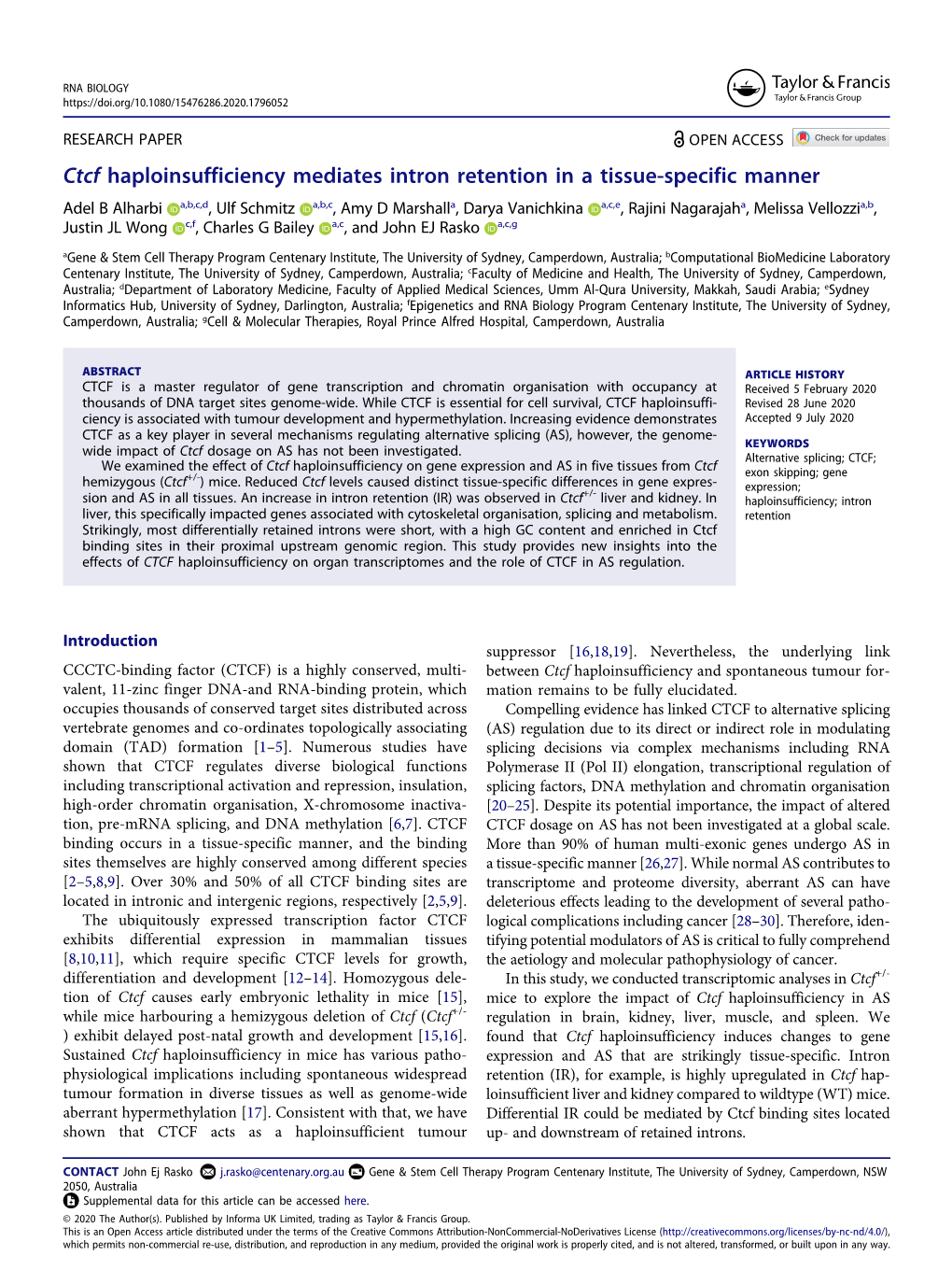 Ctcf Haploinsufficiency Mediates Intron Retention in a Tissue-Specific Manner