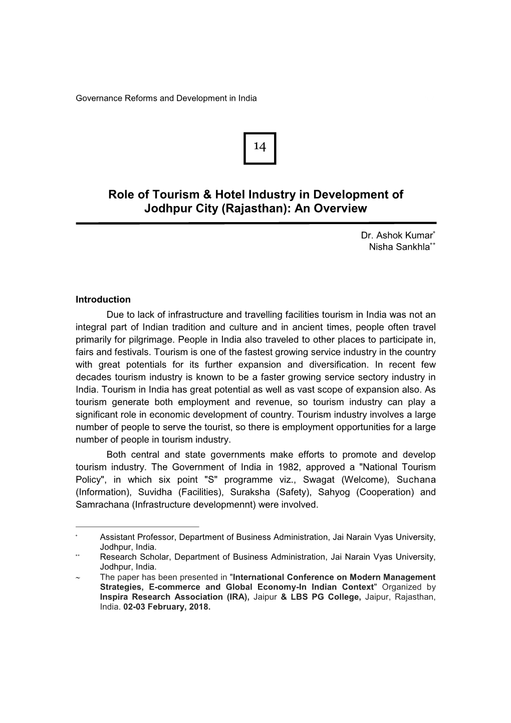 Role of Tourism & Hotel Industry in Development of Jodhpur City