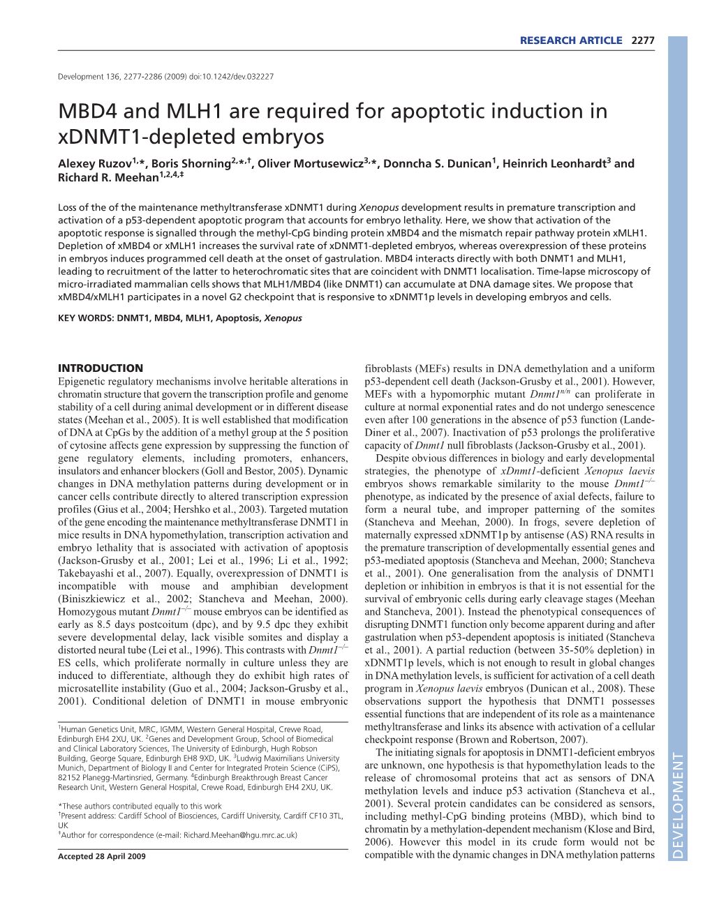 MBD4 and MLH1 Are Required for Apoptotic Induction in Xdnmt1-Depleted Embryos Alexey Ruzov1,*, Boris Shorning2,*,†, Oliver Mortusewicz3,*, Donncha S