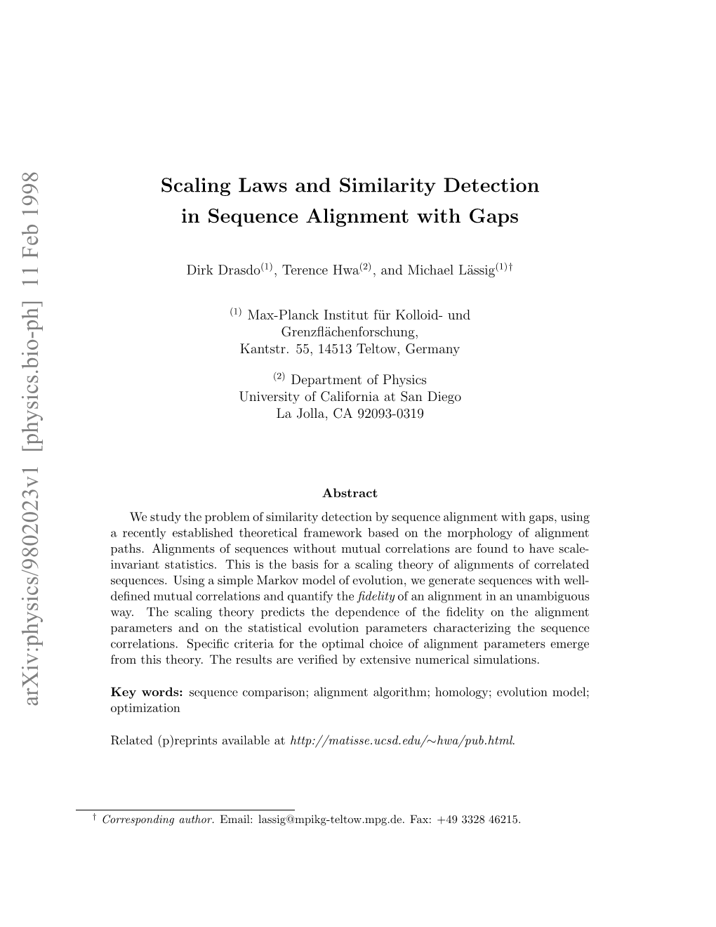 Scaling Laws and Similarity Detection in Sequence Alignment with Gaps