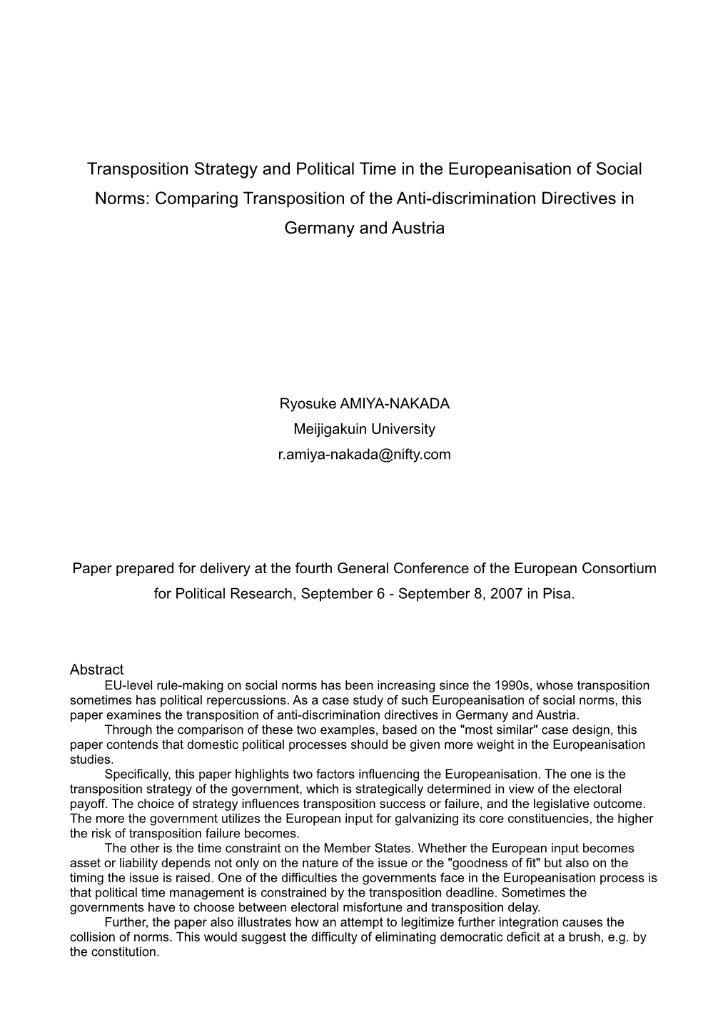 Transposition Strategy and Political Time in the Europeanisation of Social Norms: Comparing Transposition of the Anti-Discrimination Directives in Germany and Austria
