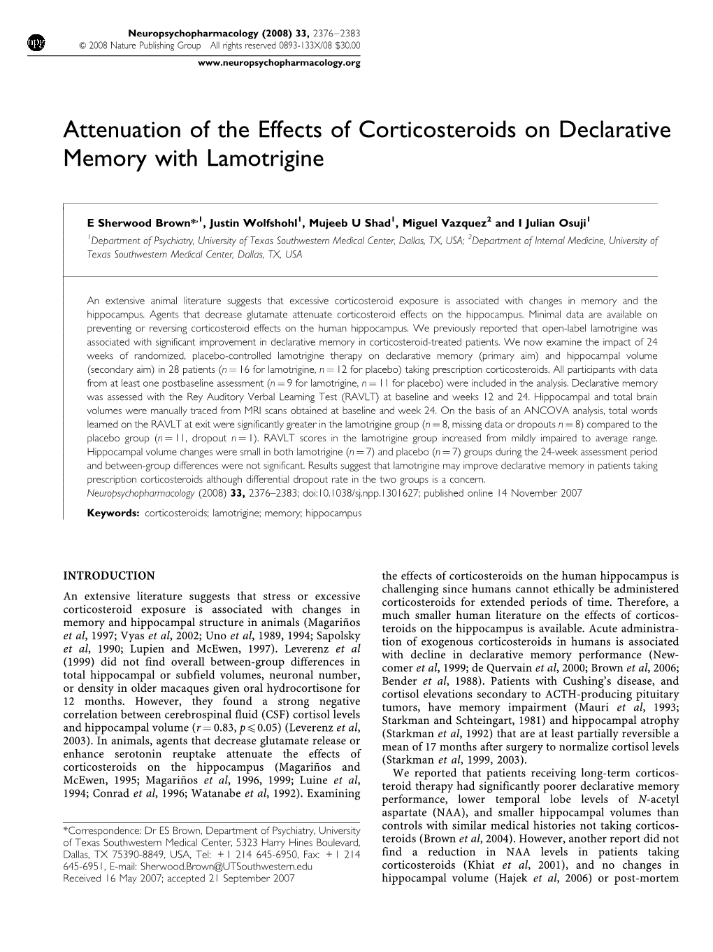 Attenuation of the Effects of Corticosteroids on Declarative Memory with Lamotrigine