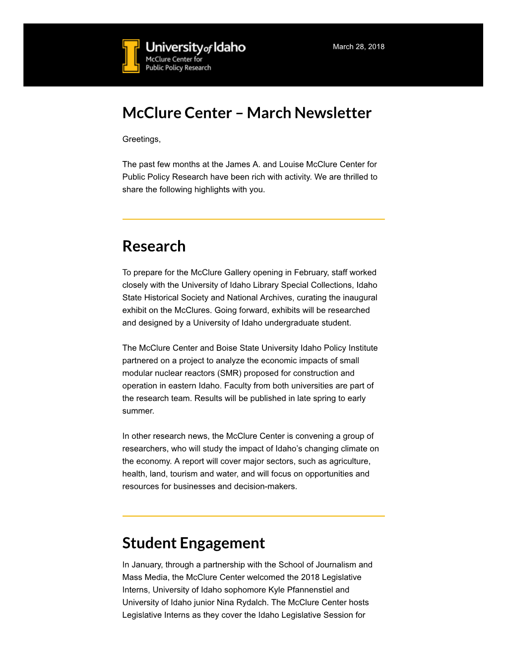 Mcclure Center – March Newsletter