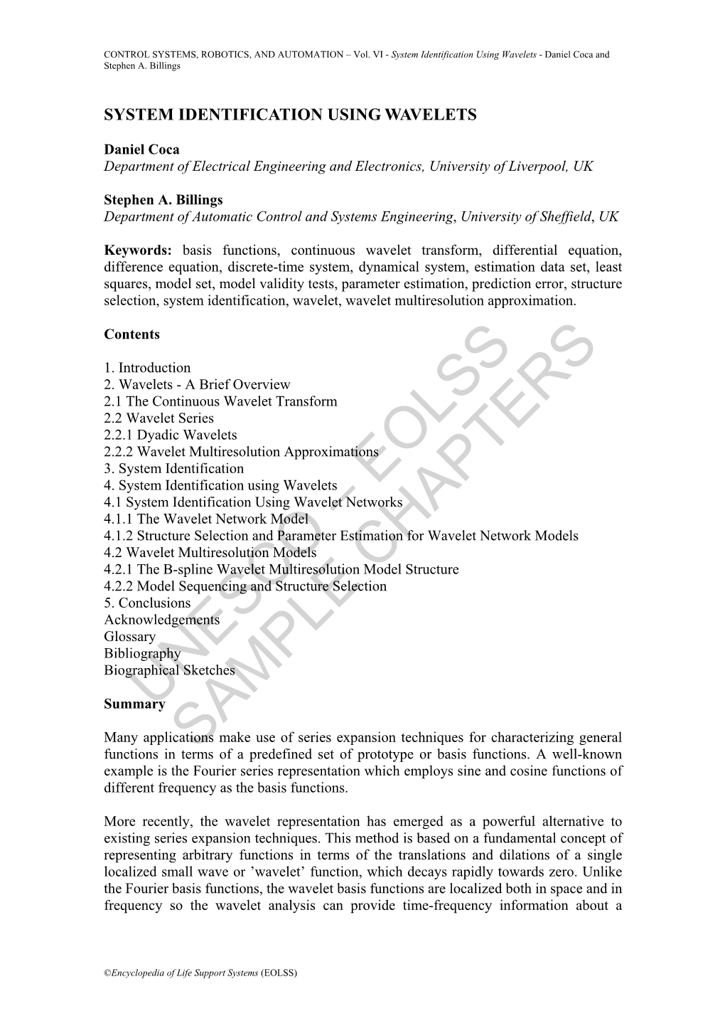 System Identification Using Wavelets - Daniel Coca and Stephen A