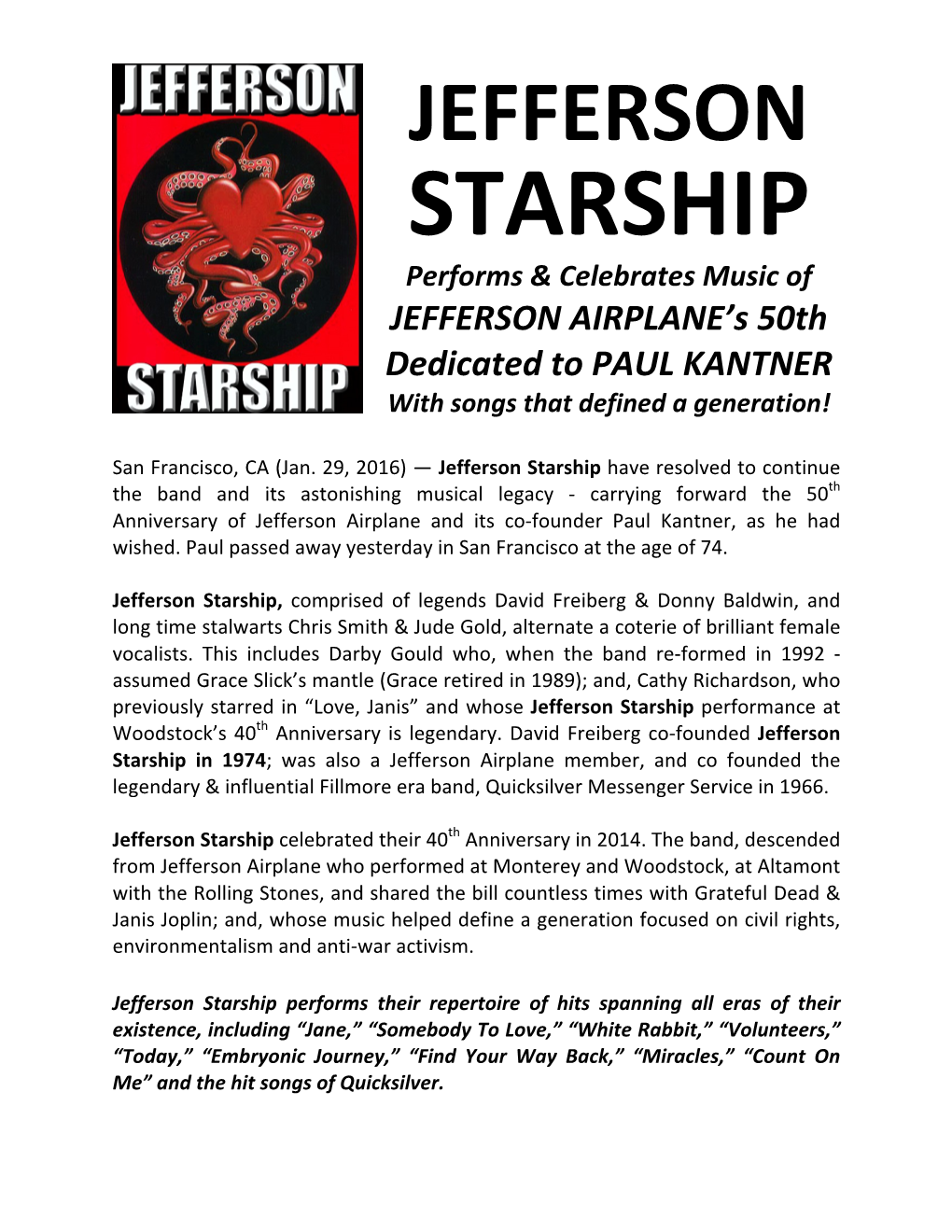 STARSHIP Performs & Celebrates Music of JEFFERSON AIRPLANE’S 50Th Dedicated to PAUL KANTNER with Songs That Defined a Generation!