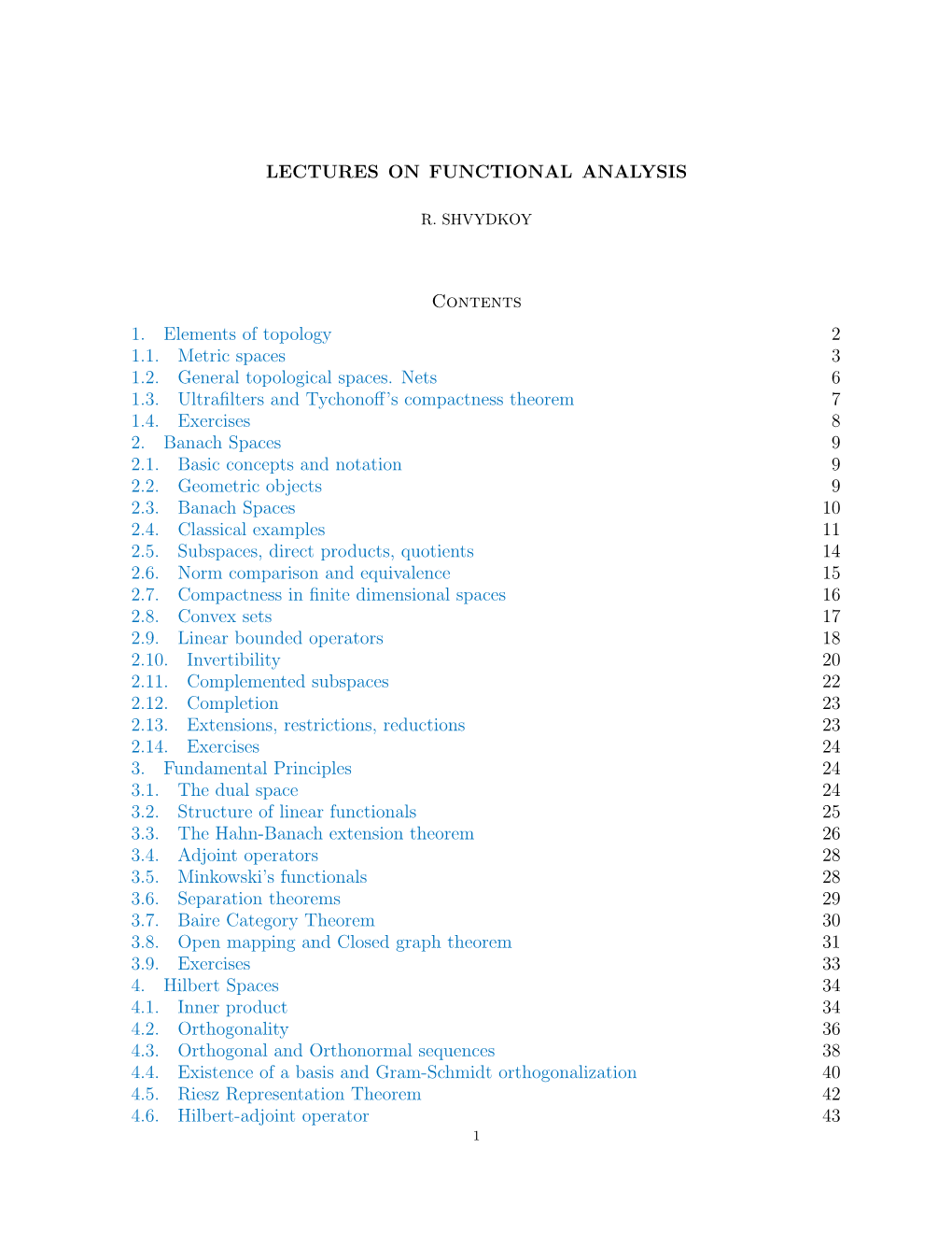 LECTURES on FUNCTIONAL ANALYSIS Contents 1. Elements Of