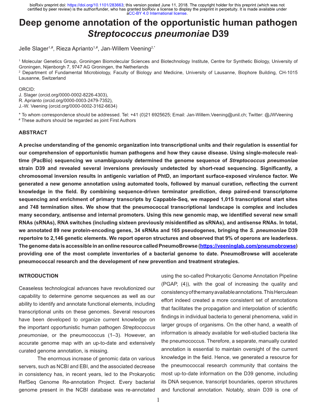 Deep Genome Annotation of the Opportunistic Human Pathogen Streptococcus Pneumoniae D39