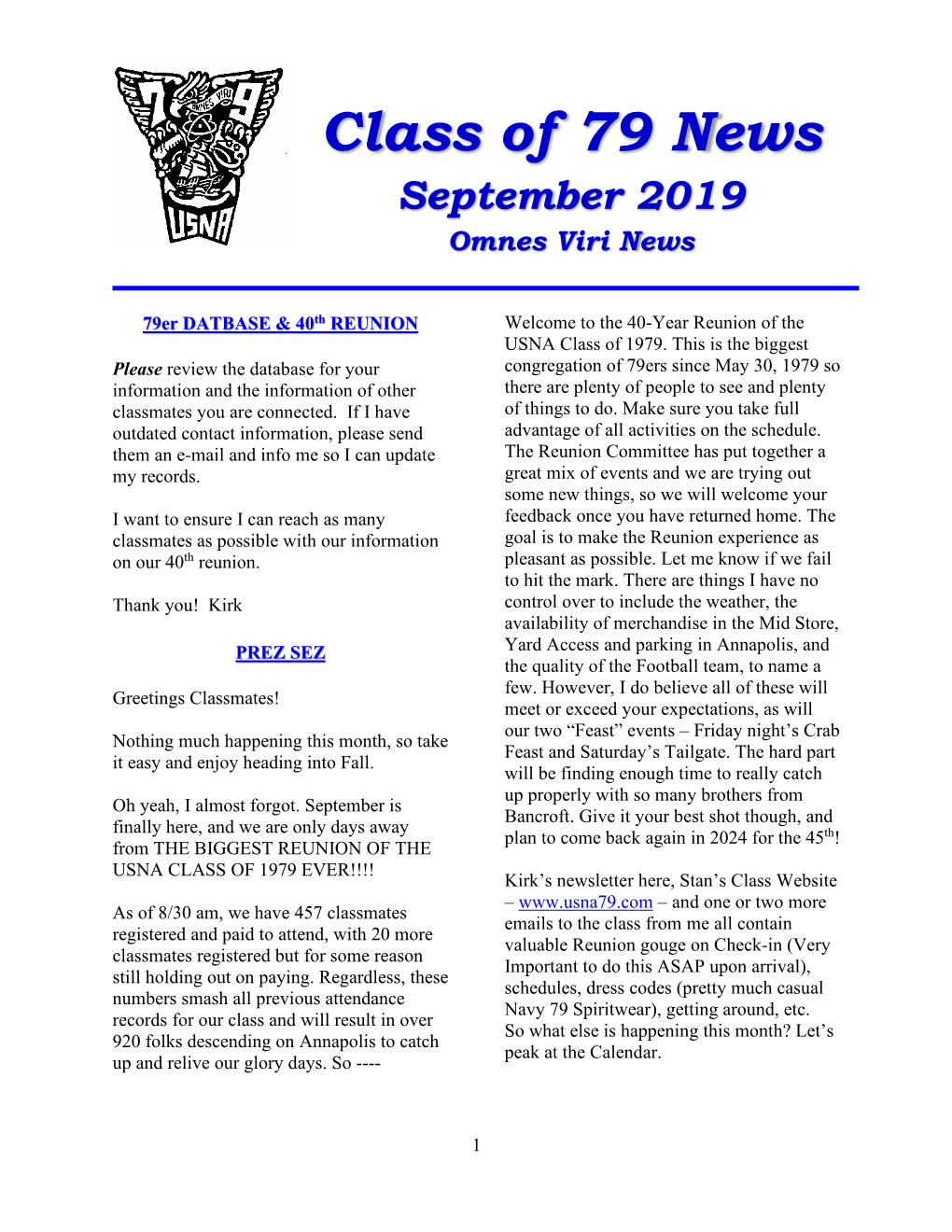 Class of 79 News September 2019 Omnes Viri News