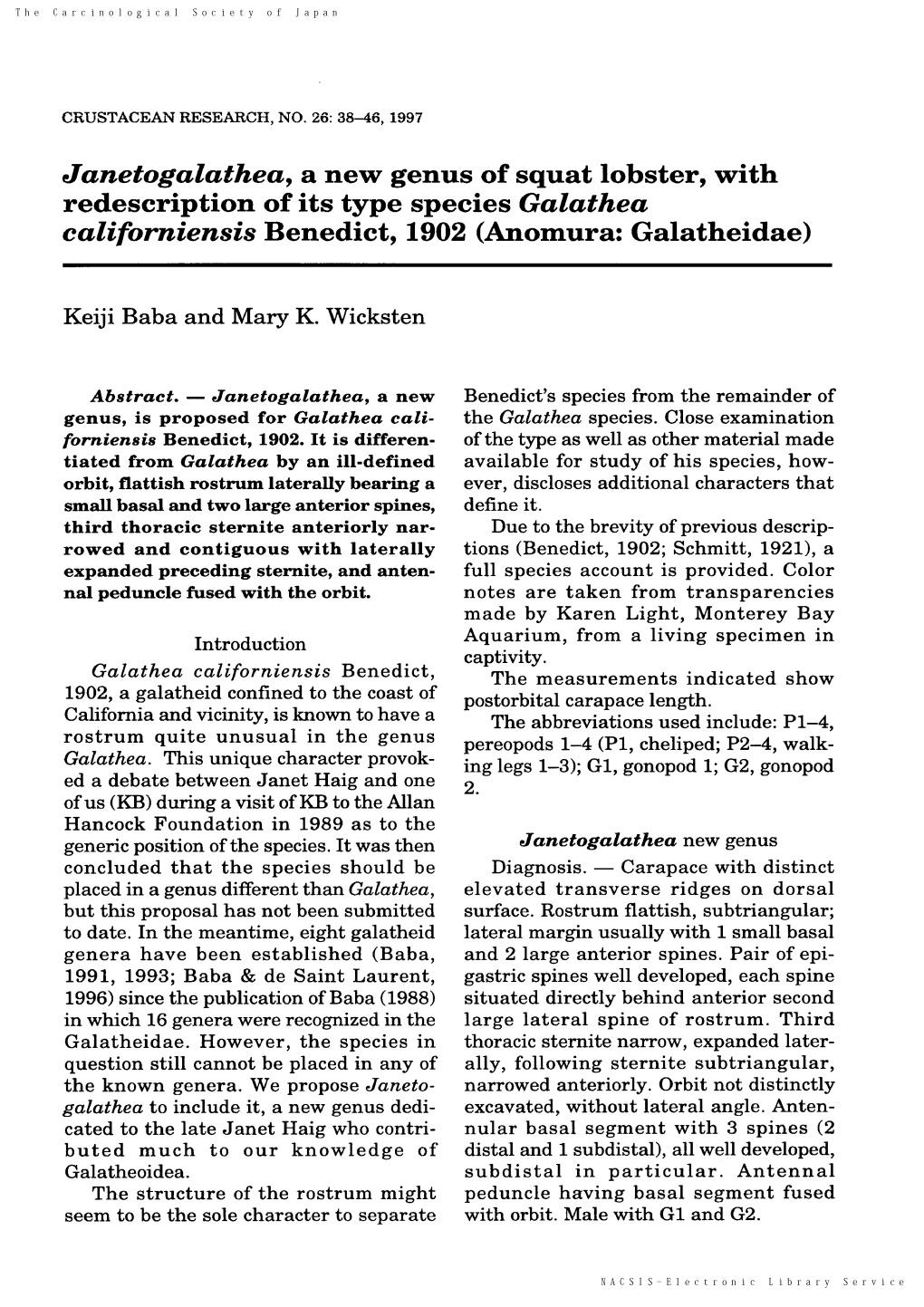 Janetogalathea, a New Genus of Squat Lobster, with Redescription of Its Type Species Galathea Californiensis Benedict, 1902 (Anomura: Galatheidae)