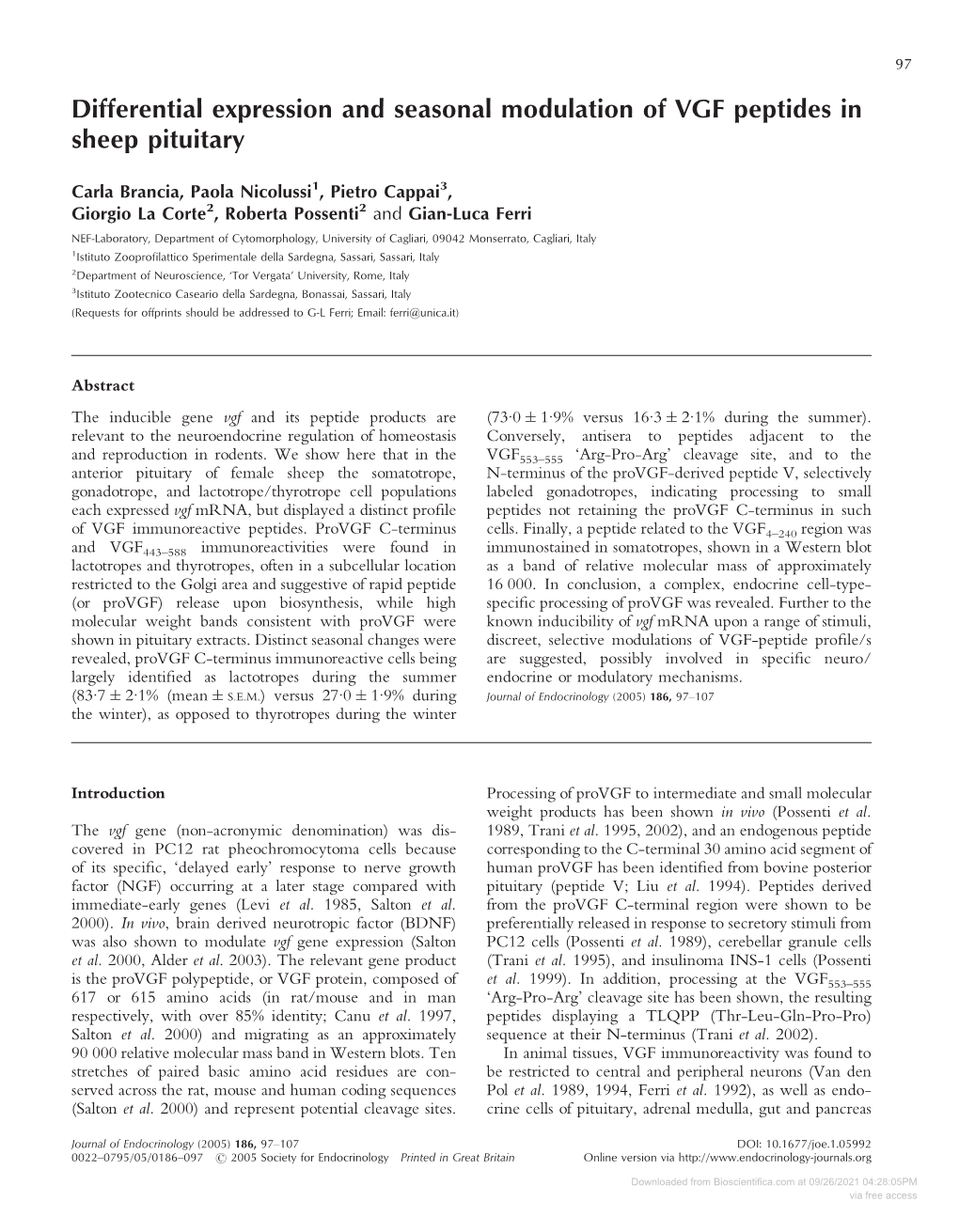 Differential Expression and Seasonal Modulation of VGF Peptides in Sheep Pituitary