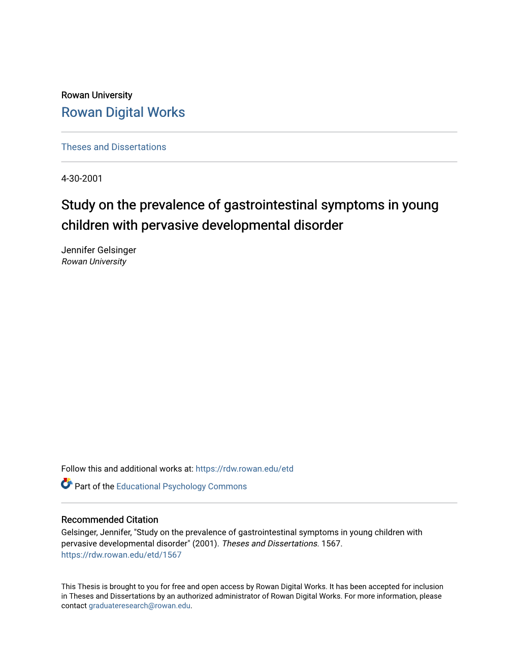 Study on the Prevalence of Gastrointestinal Symptoms in Young Children with Pervasive Developmental Disorder