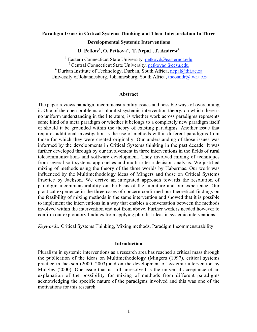 1 Paradigm Issues in Critical Systems Thinking and Their Interpretation In