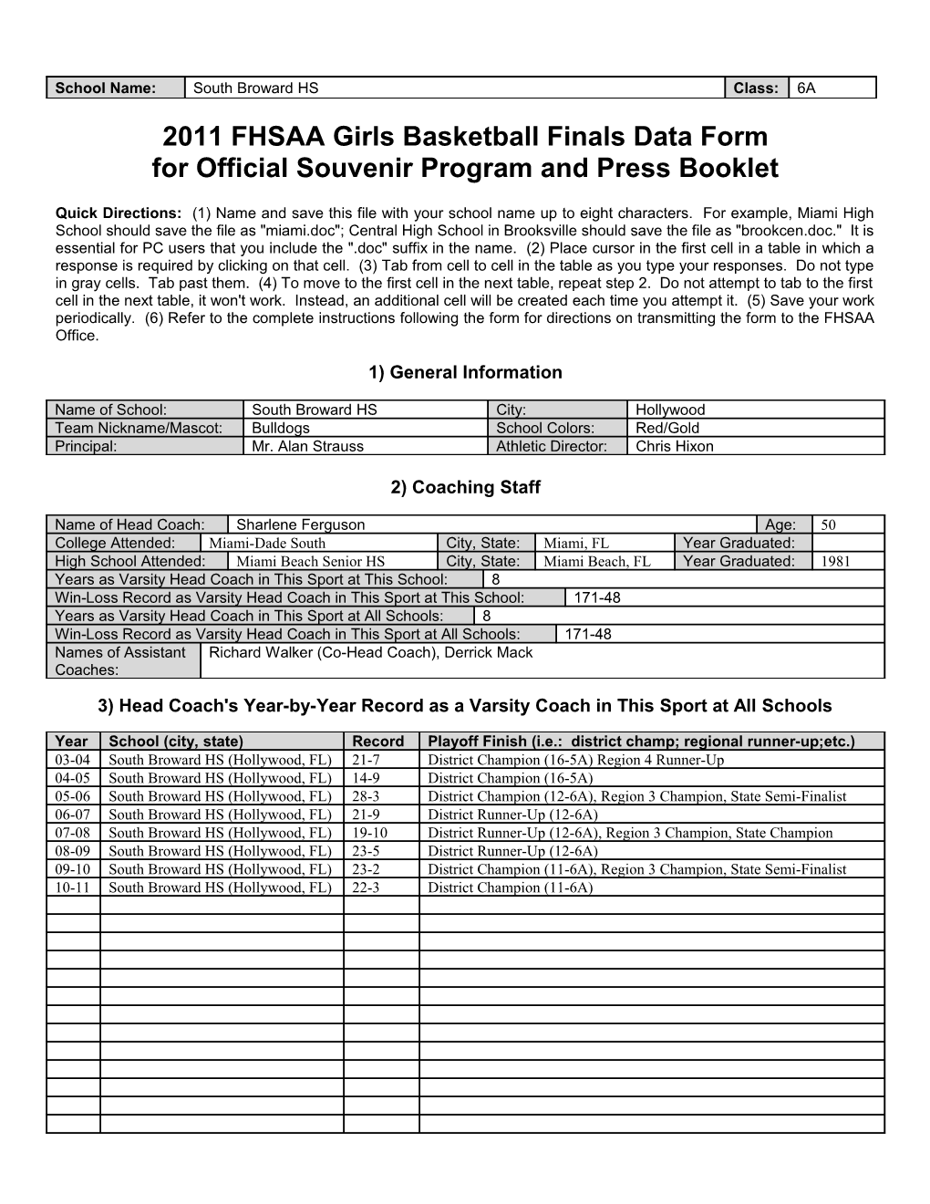 2011 FHSAA Girls Basketball Finals Data Form