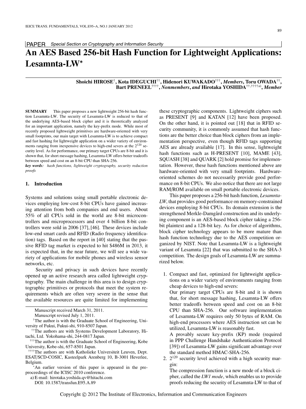 An AES Based 256-Bit Hash Function for Lightweight Applications: Lesamnta-LW∗