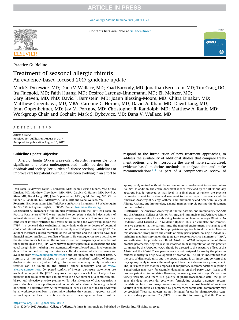 Treatment of Seasonal Allergic Rhinitis an Evidence-Based Focused 2017 Guideline Update Mark S