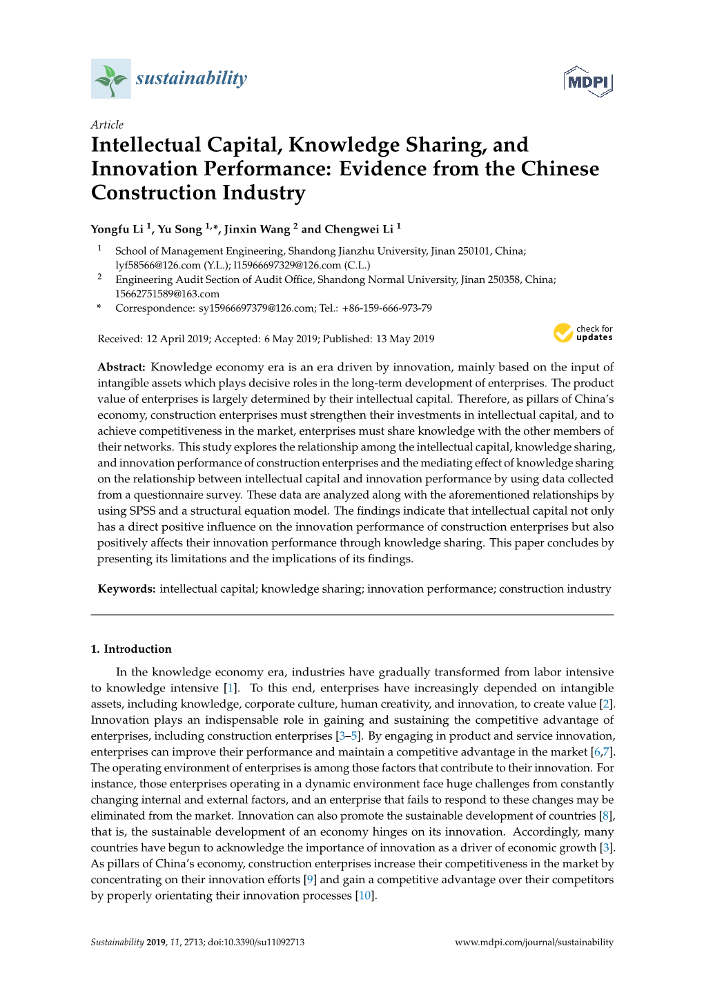 Intellectual Capital, Knowledge Sharing, and Innovation Performance: Evidence from the Chinese Construction Industry