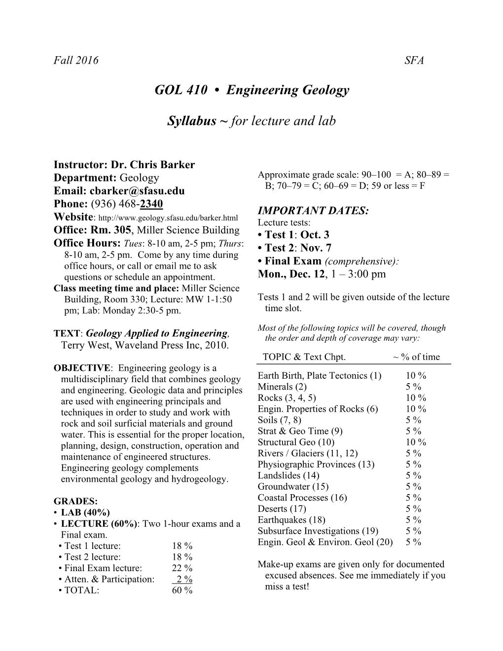 GOL 410 • Engineering Geology Syllabus ~ for Lecture And