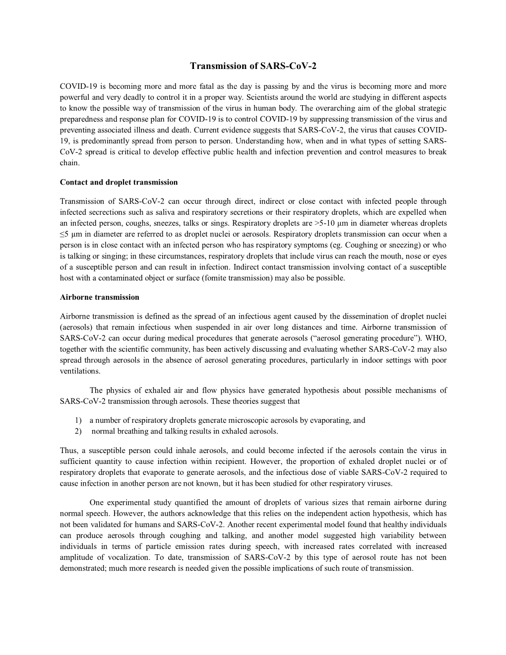 Transmission of SARS-Cov-2