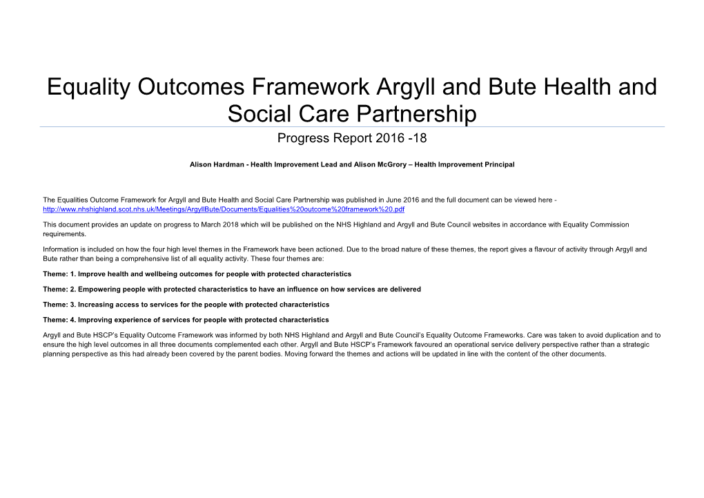 Equality Outcomes Framework Argyll and Bute Health and Social Care Partnership Progress Report 2016 -18