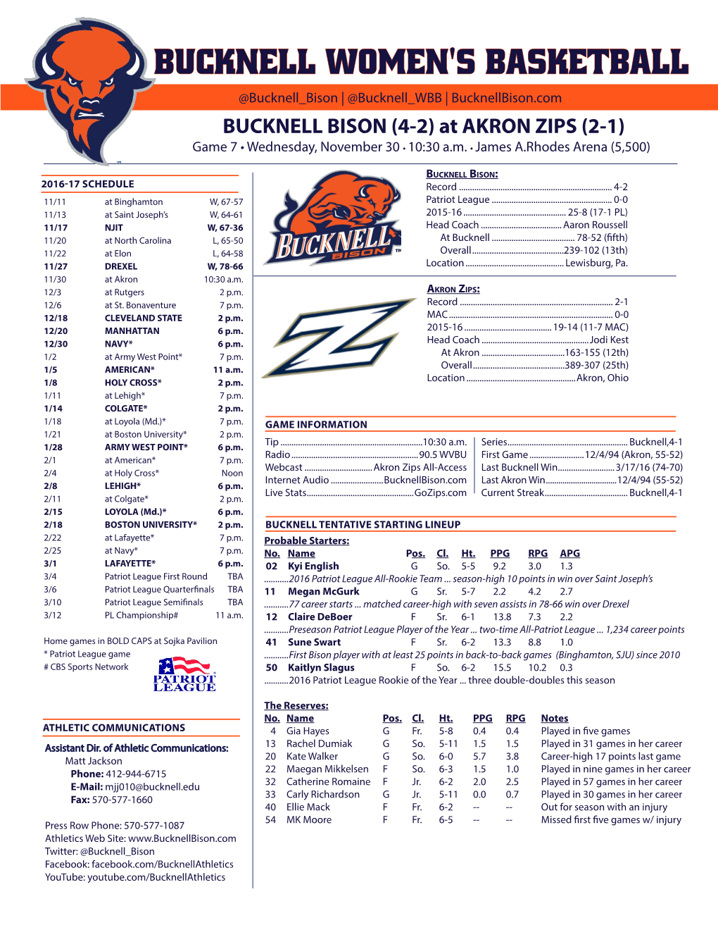 BUCKNELL WOMEN's BASKETBALL @Bucknell Bison | @Bucknell WBB | Bucknellbison.Com BUCKNELL BISON (4-2) at AKRON ZIPS (2-1) Game 7 • Wednesday, November 30 • 10:30 A.M