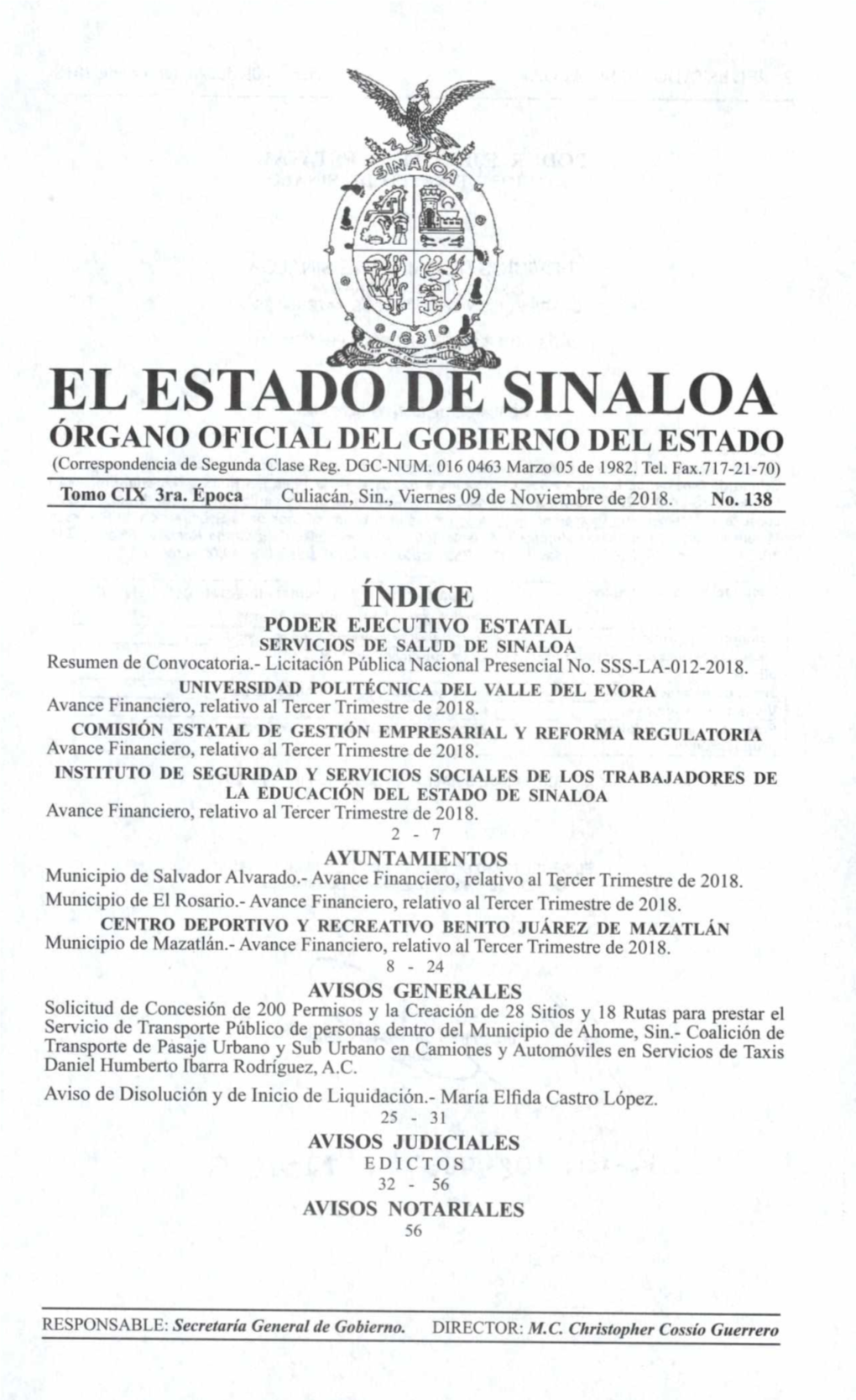 „ EL ESTADO DE SINALOA ÓRGANO OFICIAL DEL GOBIERNO DEL ESTADO (Correspondencia De Segunda Clase Reg