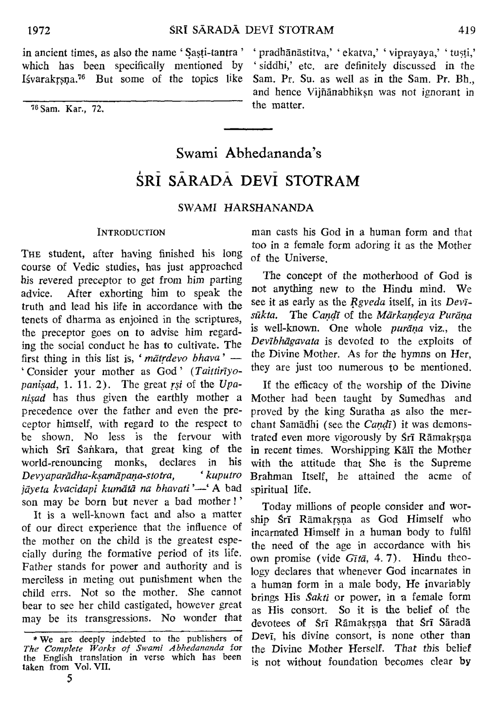 Swami Abhedananda's SRI SARADA DEVI STOTRAM