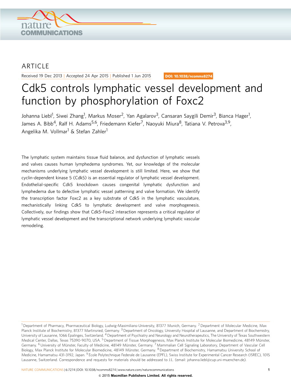 Cdk5 Controls Lymphatic Vessel Development and Function by Phosphorylation of Foxc2