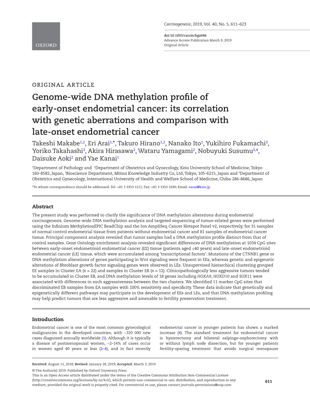 Genome-Wide DNA Methylation Profile of Early-Onset Endometrial Cancer