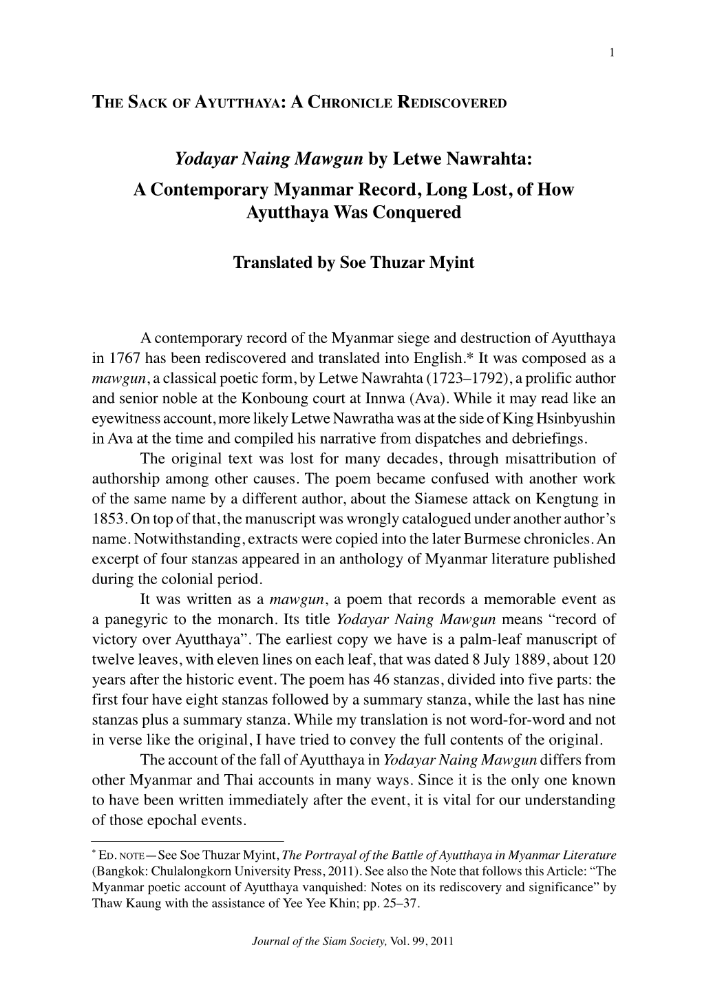 Yodayar Naing Mawgun by Letwe Nawrahta: a Contemporary Myanmar Record, Long Lost, of How Ayutthaya Was Conquered
