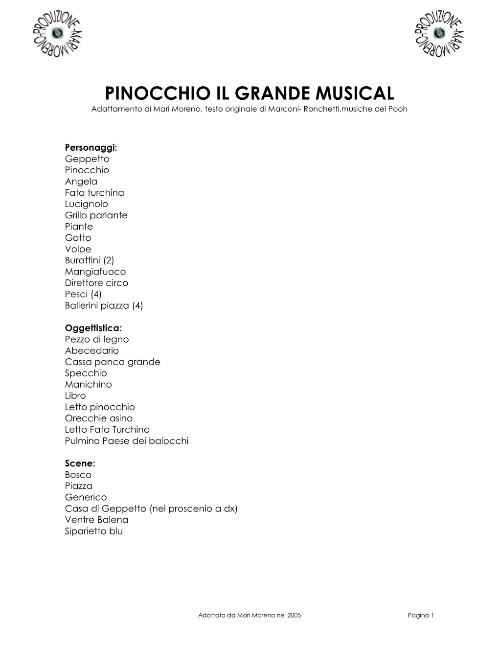 PINOCCHIO IL GRANDE MUSICAL Adattam Ento Di Mari Moreno, Testo Originale Di Marconi- Ronchetti,M Usiche Dei Pooh