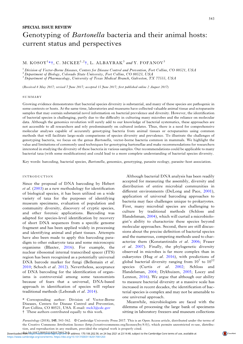 Genotyping of Bartonella Bacteria and Their Animal Hosts: Current Status and Perspectives