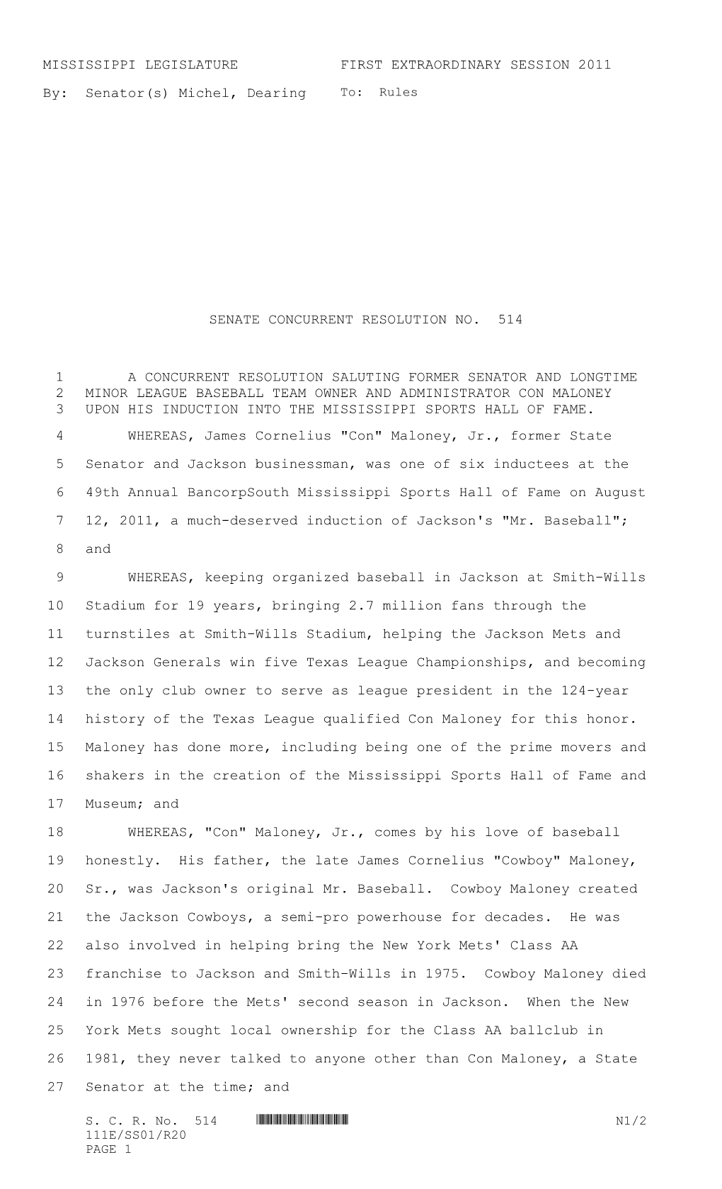 Mississippi Legislature First Extraordinary Session 2011