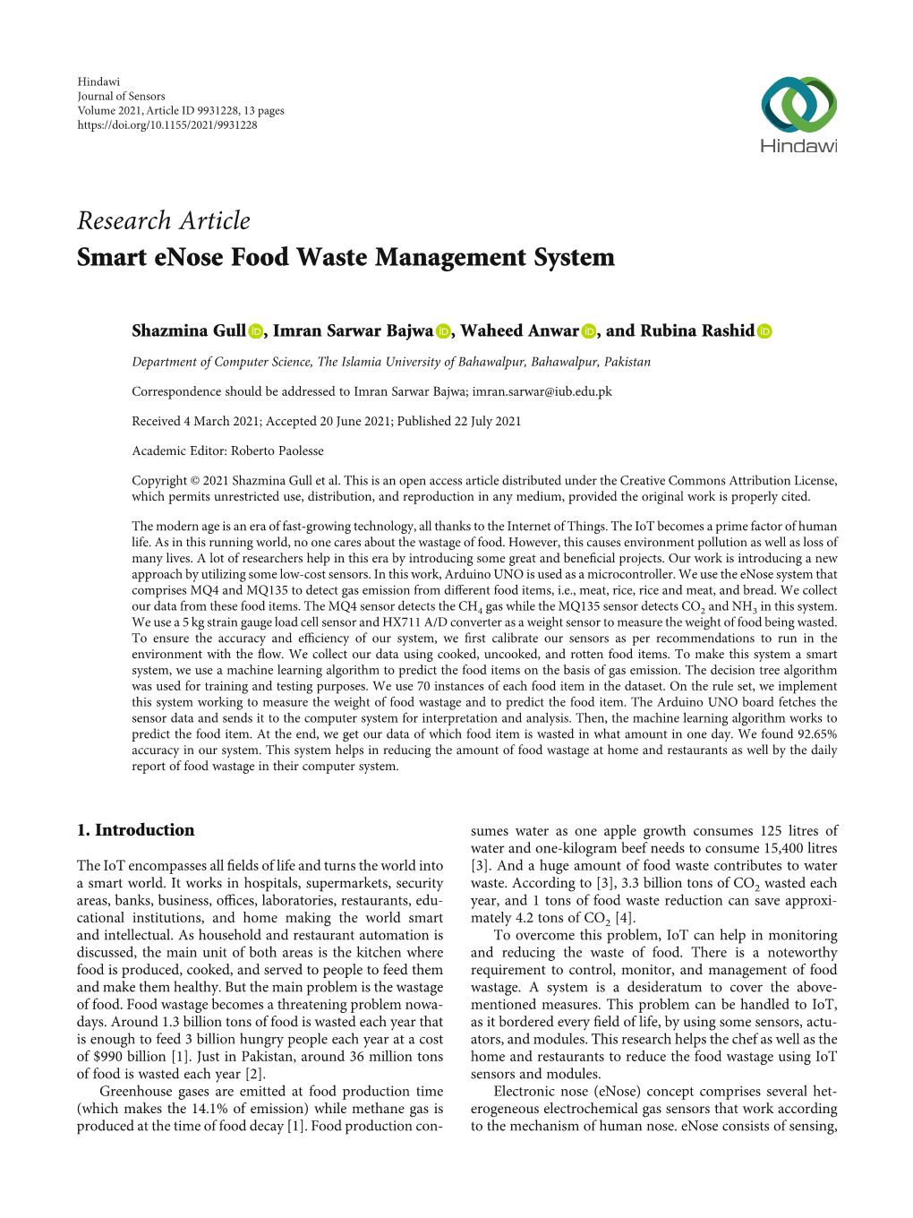 Research Article Smart Enose Food Waste Management System