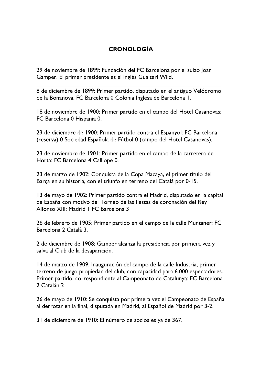 CRONOLOGÍA 29 De Noviembre De 1899: Fundación Del FC Barcelona