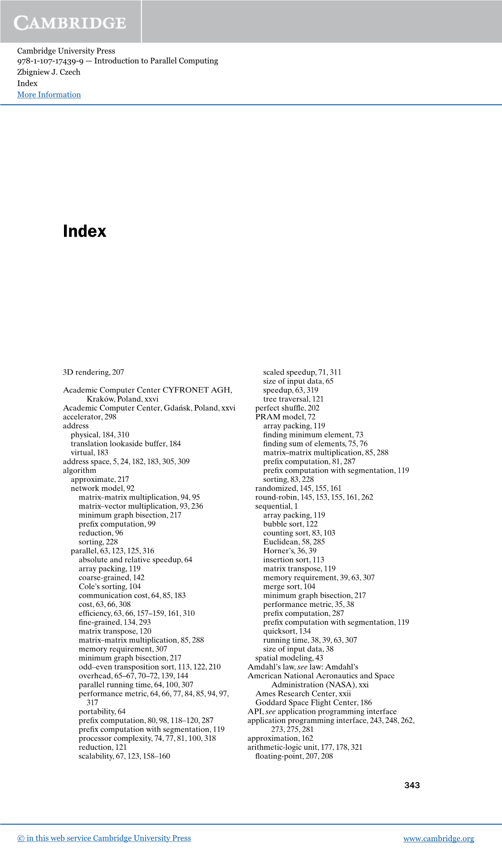 Cambridge University Press 978-1-107-17439-9 — Introduction to Parallel Computing Zbigniew J. Czech Index More Information