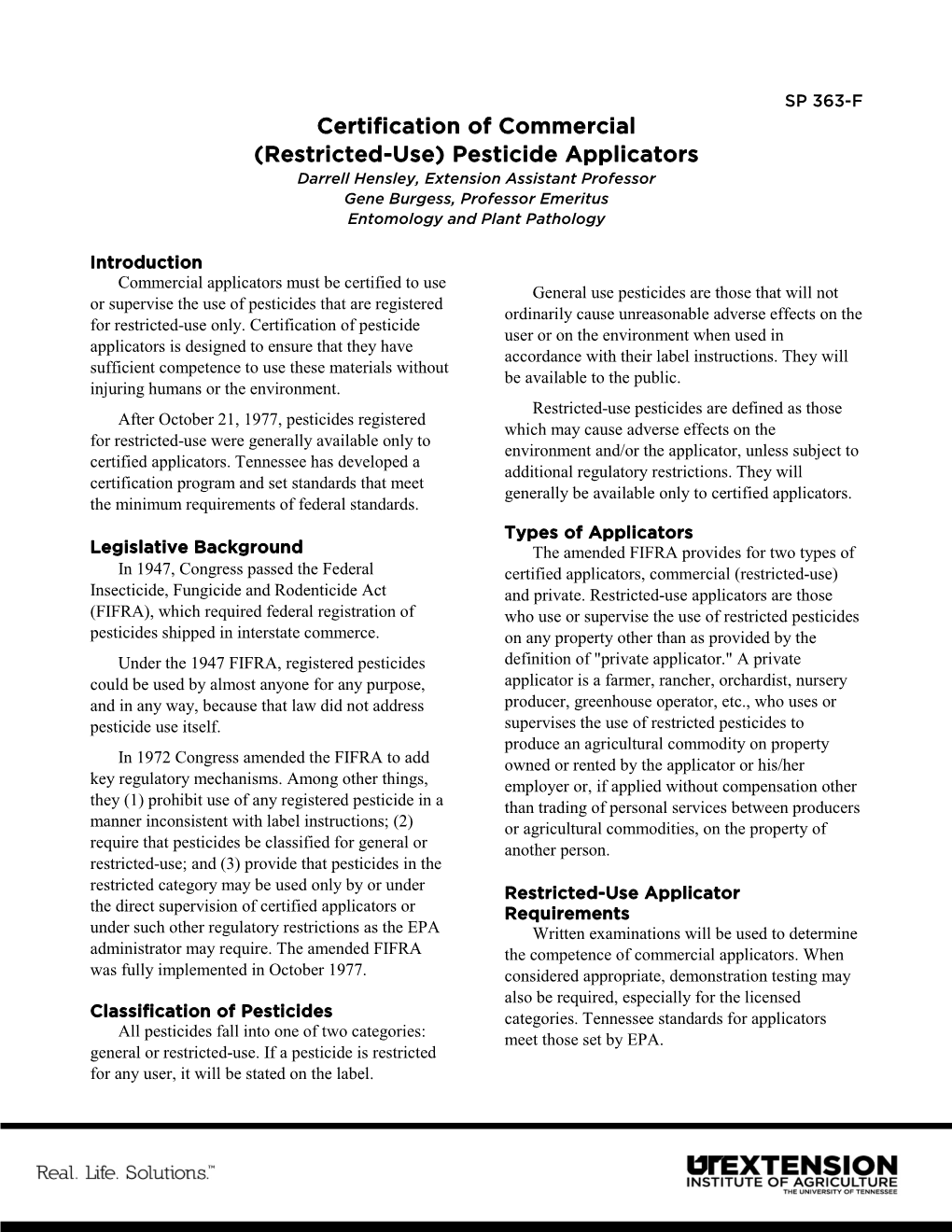 Certification of Commercial (Restricted-Use) Pesticide Applicators