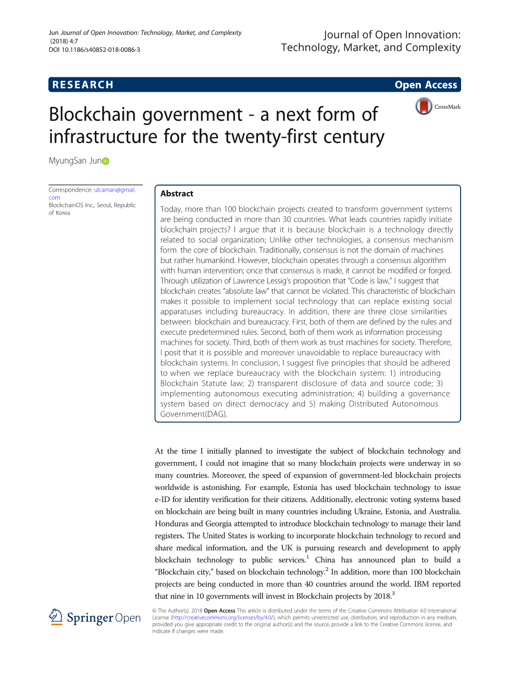 Blockchain Government - a Next Form of Infrastructure for the Twenty-First Century Myungsan Jun