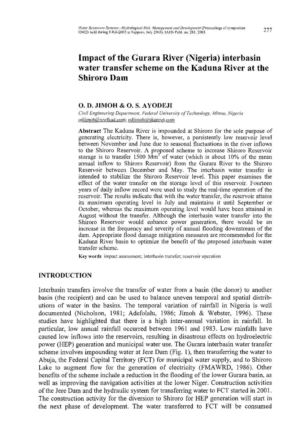 Impact of the Gurara River (Nigeria) Interbasin Water Transfer Scheme on the Kaduna River at the Shiroro Dam