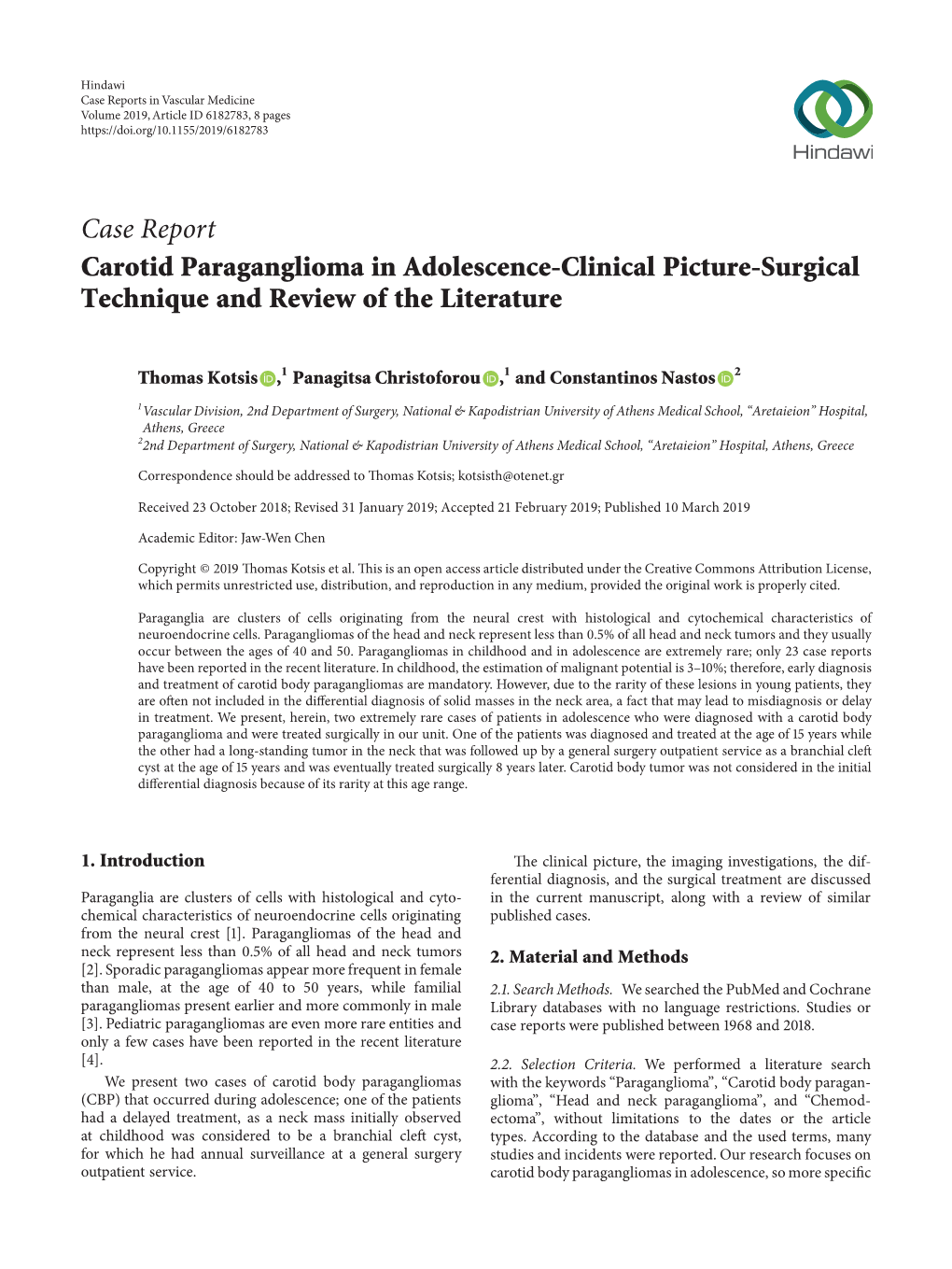 Carotid Paraganglioma in Adolescence-Clinical Picture-Surgical Technique and Review of the Literature