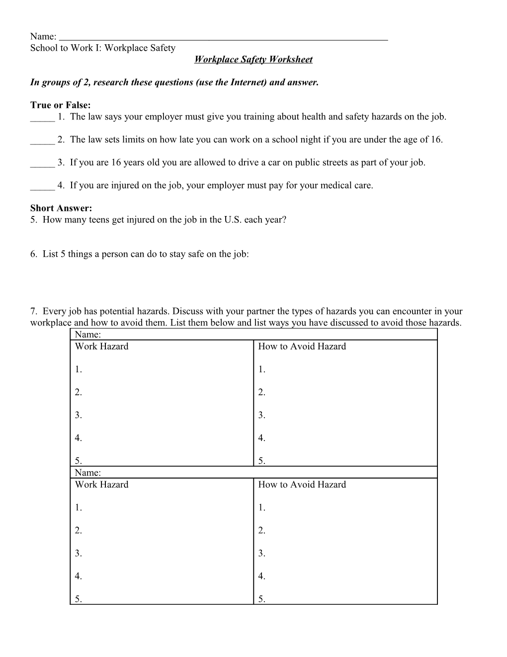 Workplace Safety Worksheet