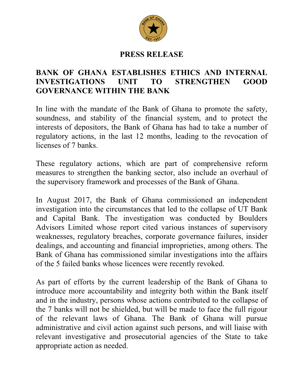 Press Release Bank of Ghana Establishes Ethics And