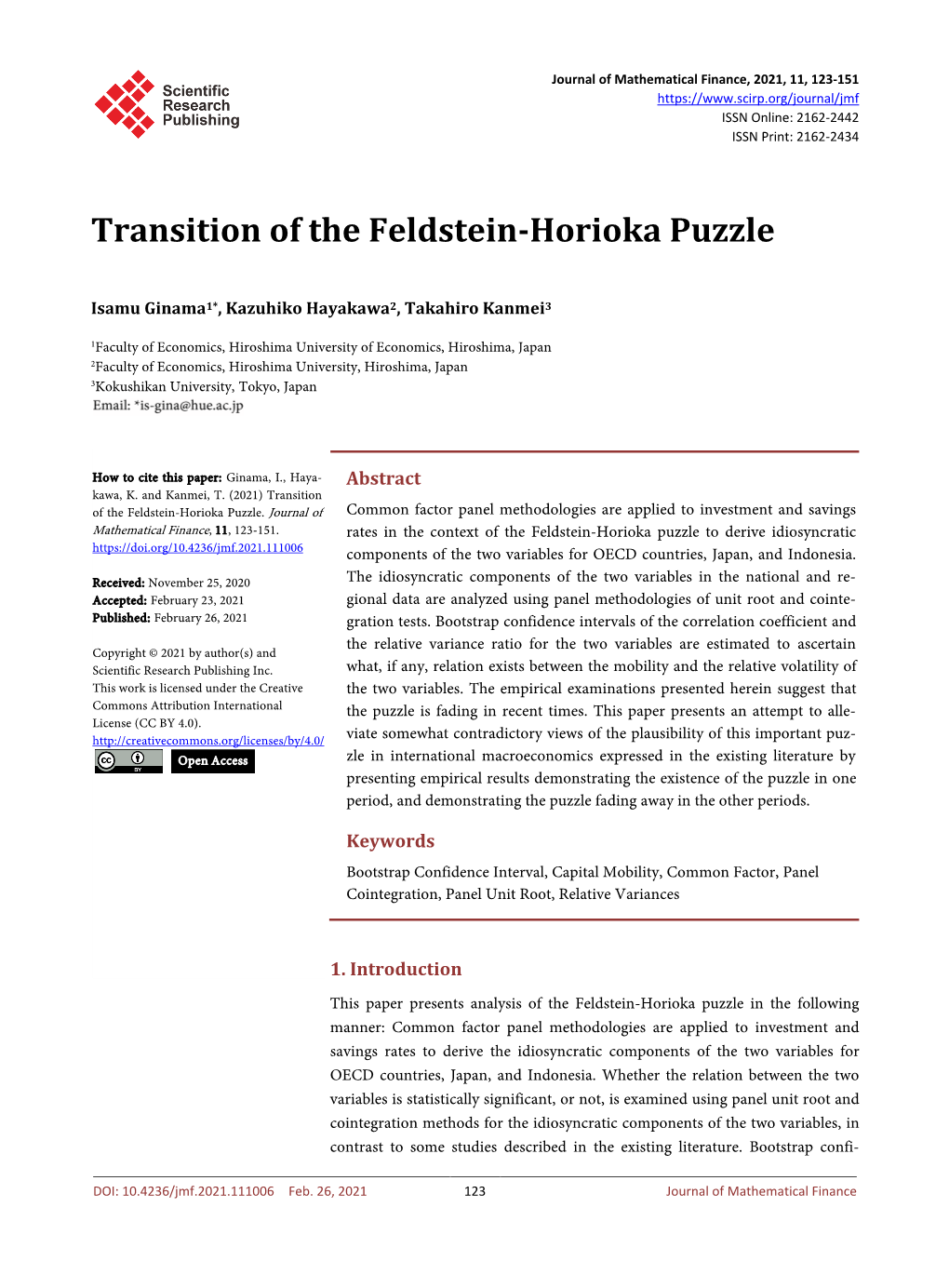 Transition of the Feldstein-Horioka Puzzle