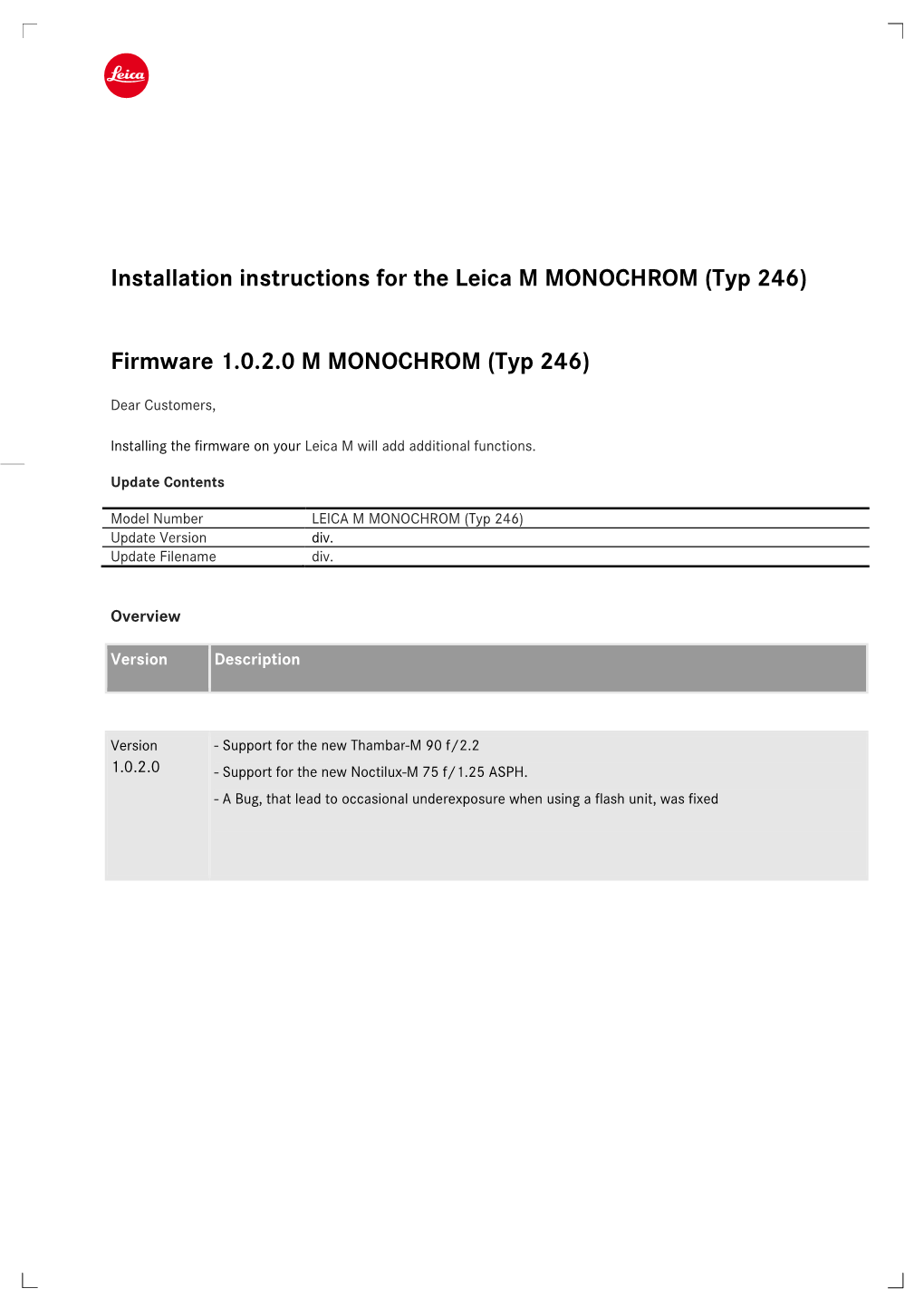 Installation Instructions for the Leica M MONOCHROM (Typ 246)